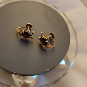 14K Gold Screw Clip-On Earrings. Beautiful Brown Stone. Tiger Eye/ Cat's Eye